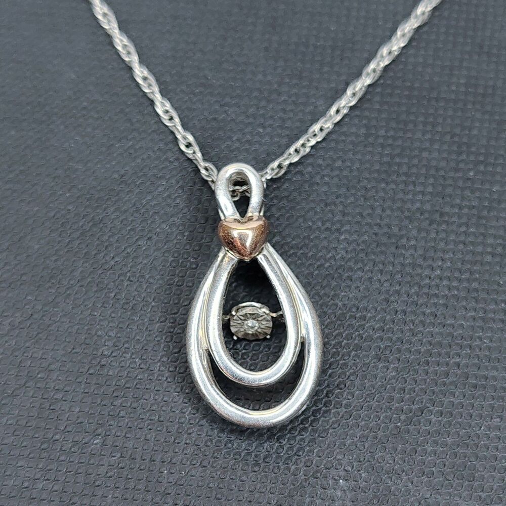 Floating Diamond Pendant 925 Sterling Silver with 10K Gold Heart on a Chain